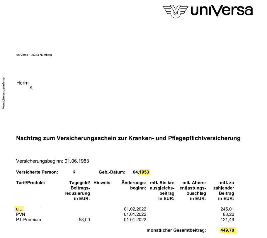 Rckgabe Original Versicherungsschein