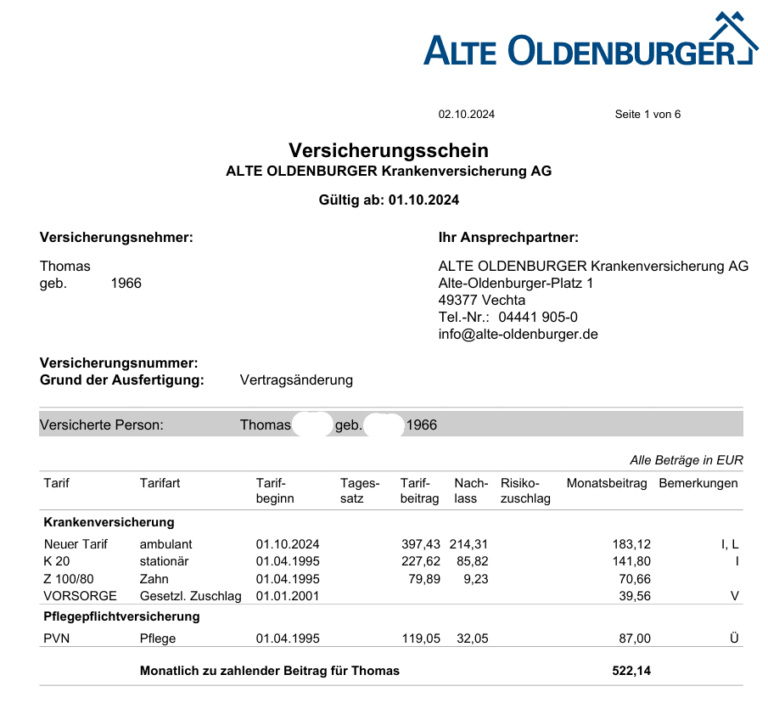Alte Oldenburger PKV Beitragserhöhung 2025